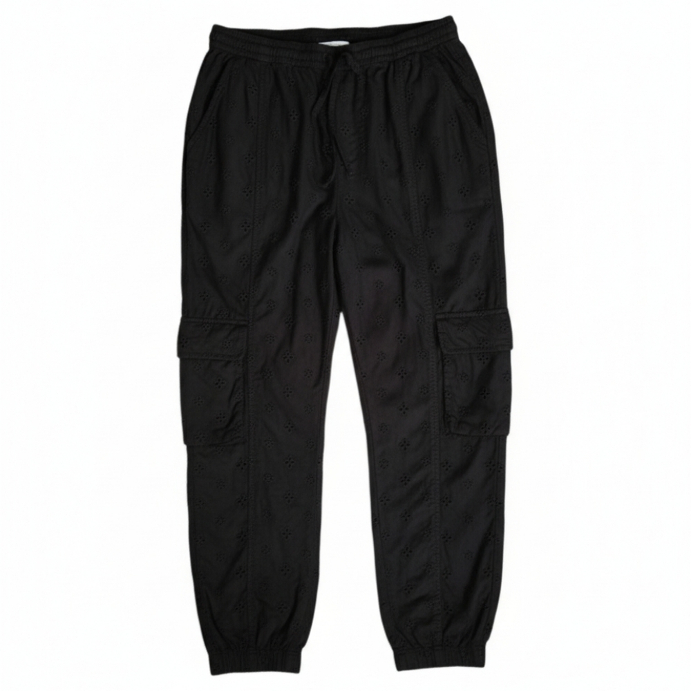 SM Sundance Katia Eyelet Lace Black Cropped Cargo Joggers Summer Airy
